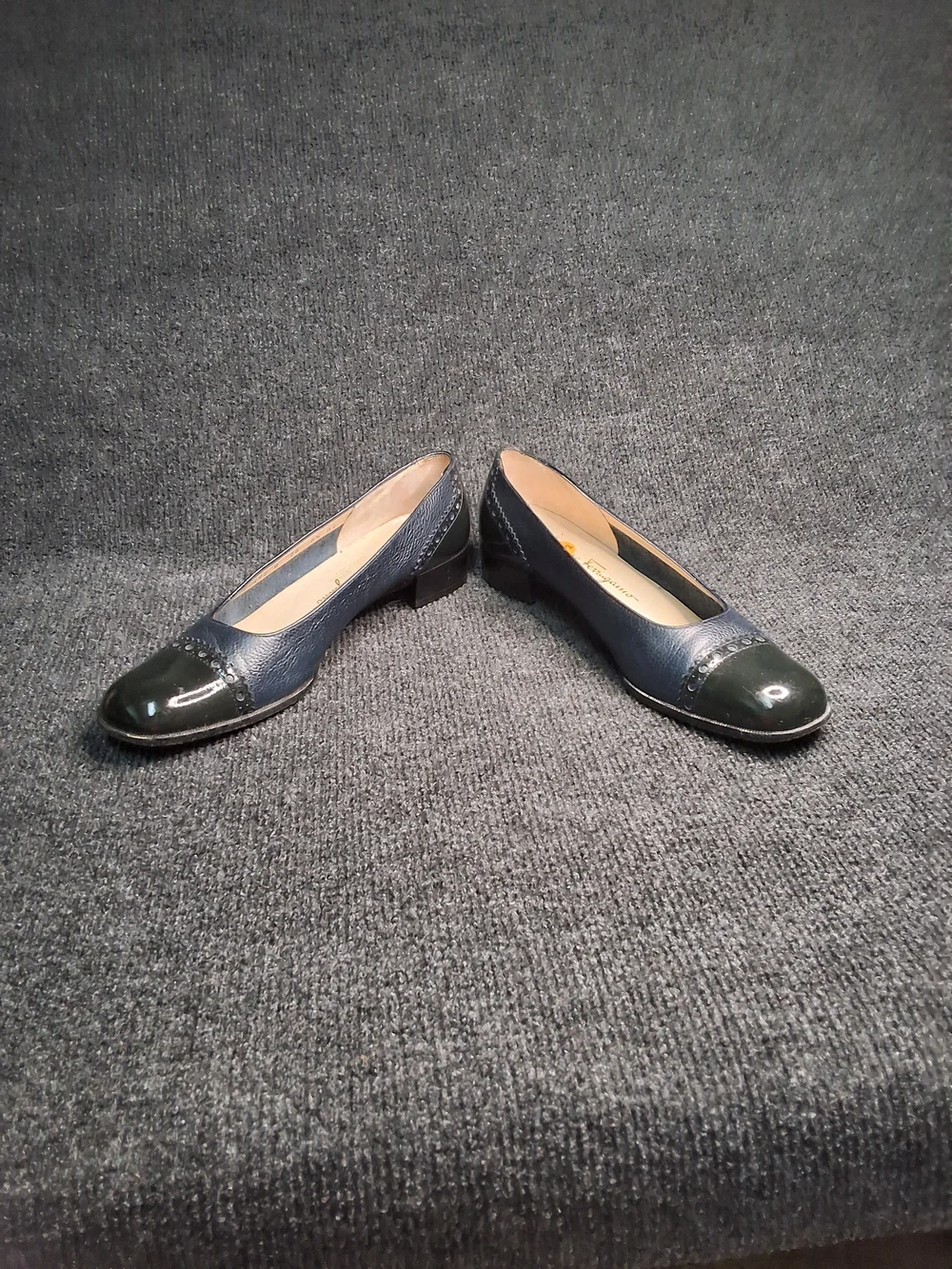 Salvatore Ferragamo Navy and Black Cap-Toe Leather Flats